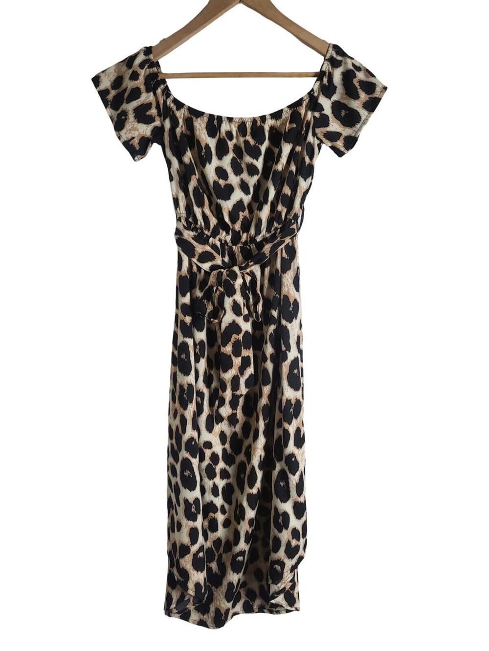 Shein Leopard Print Off The Shoulder Midi Dress Tie Belt Around Waist Size M